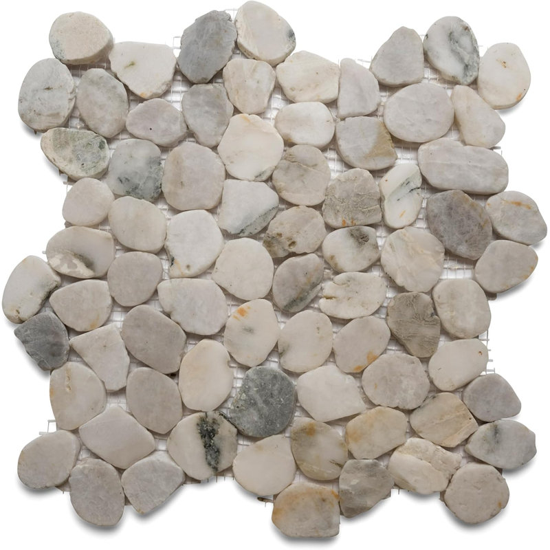 CNK Tile Glacier White Round Sliced Pebble Tile - 12" X 12" Polished Natural Stone For Bathroom Kitchen Backsplash Wall & Floor Tiles - Durable Easy Installation Low Maintenance - Pack Of 1