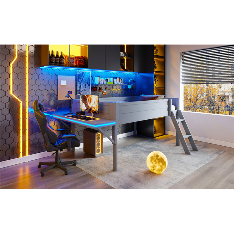 Lit mezzanine en bois avec bureau et DEL, Lit double
