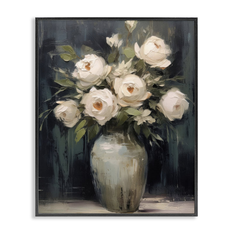 Roses blanches dans un vase foncé, estampe numérique, design par LSR Creative Studio, H 14 po x l 11 po