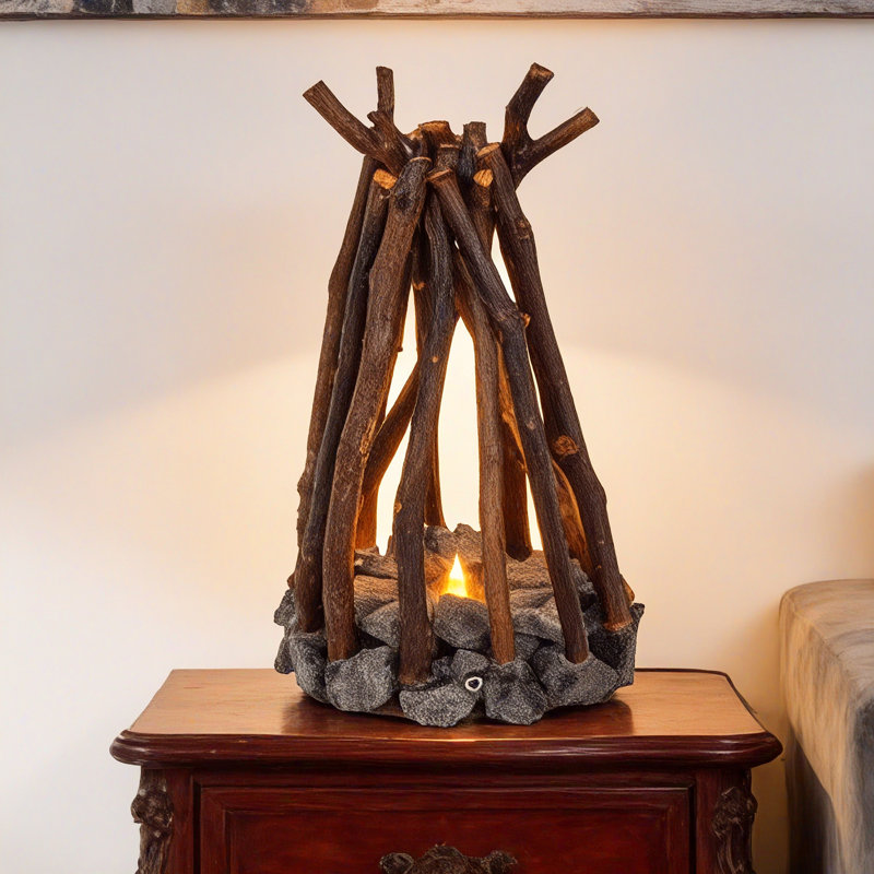 Lampe de foyer rustique avec branches et accents en pierre, piles à interrupteur tactile incluses alimentées par USB