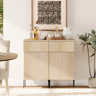 Union Rustic 31.5" Wooden 2-Doors Sideboard With Charging Station, Modern Reeded Credenza Storage Cabinet For Kitchen, Dining Room