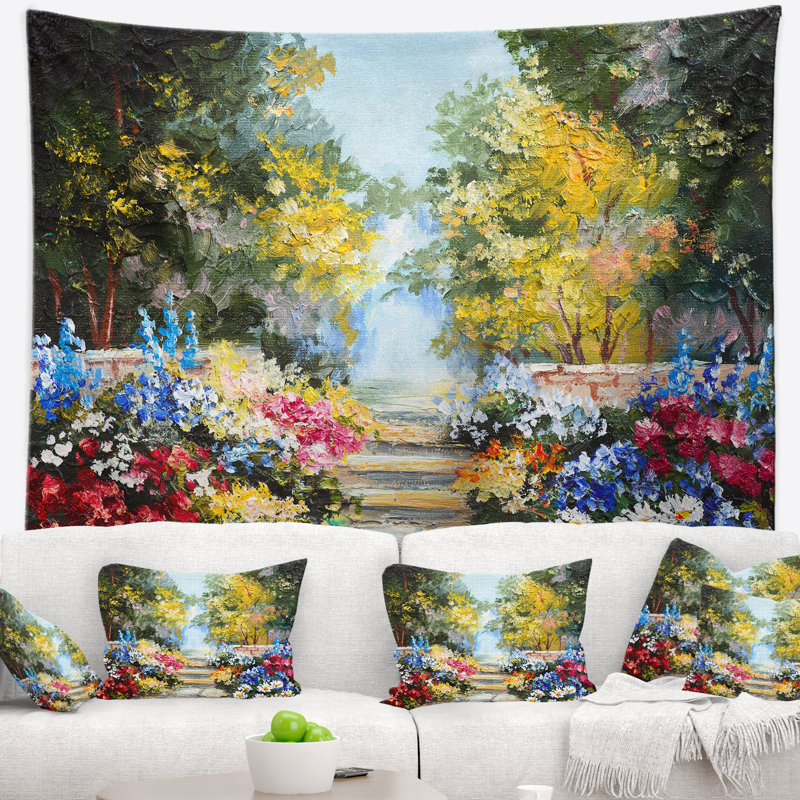 Forêt d'été de paysage avec tapisserie de fleurs, H 78 po x l 92 po