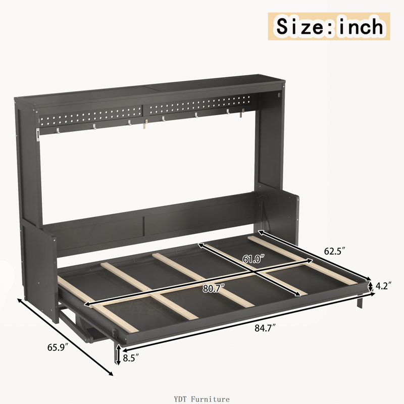 Grand lit escamotable avec bureau, station de charge USB et lumières DEL, gris foncé, Gris foncé-Q, Grand lit