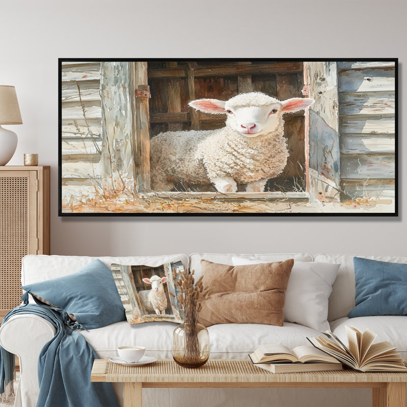 Portrait de vache et mouton à la grange II - vache, art mural, H 28 po x l 60 po, Cadre flottant, Noir, noir, noir, noir