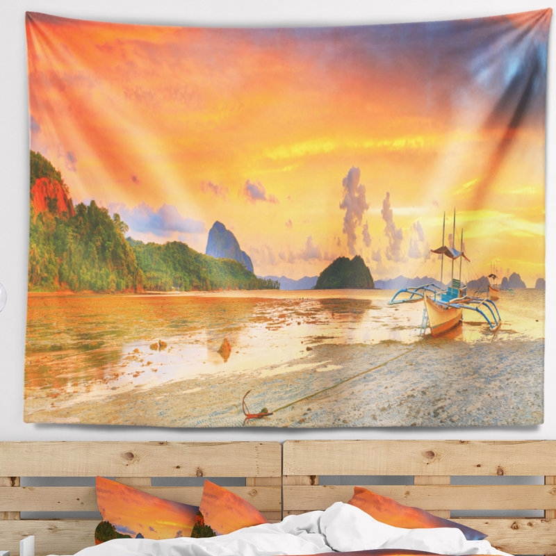 Bateau de photographie de paysage au coucher du soleil panorama tapisserie, H 78 po x l 92 po