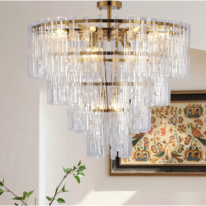 This Exquisite Chandelier Is In An Antique Bronze Finish. The Frame Is Made Out Of Metal, And It Comes With Clear Acrylic Hanging Links. The Rod Link Can Be Adjustable. You Can Create A Timeless Feel While Using Modern Forms