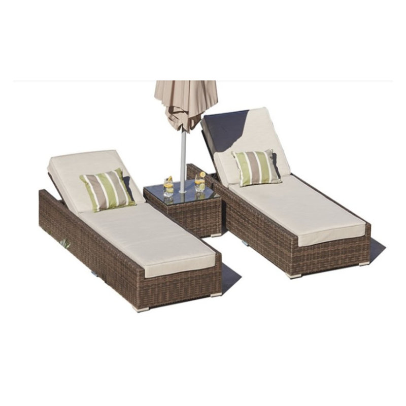 Riviera Elegance Brown Rattan 3-Piece Outdoor Chaise Lounge Set with Beige Cushions