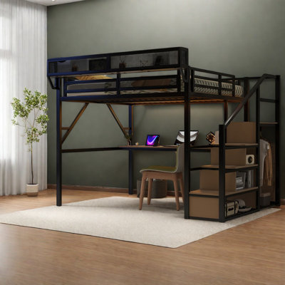 Queen Loft Beds with Storage, Metal Desk Frame, Modern Teen Bedroom