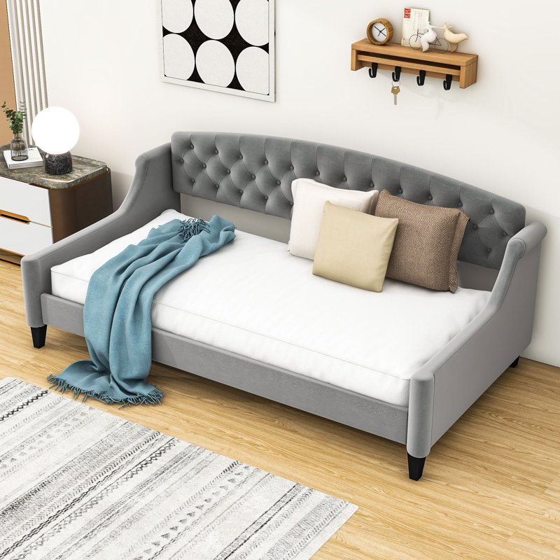 Lit de jour rembourré avec lattes Brioney, Gris, Lit simple