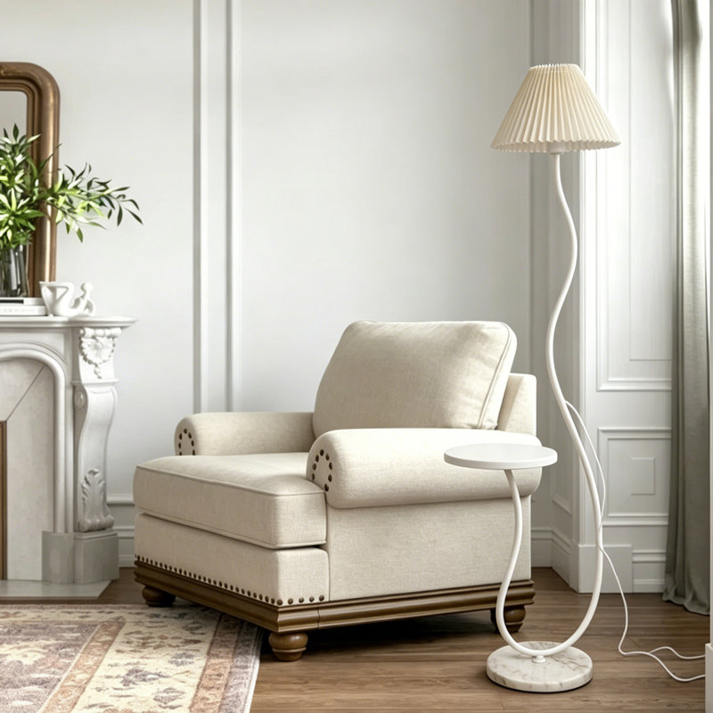 Creamy Pleated Marble Floor Lamp With Tray And 3-color Light For Reading
