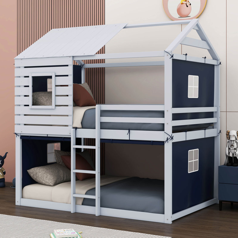 Yaraghi Bunk Wood House Bed with Tent, Full Over Full, Blue/White