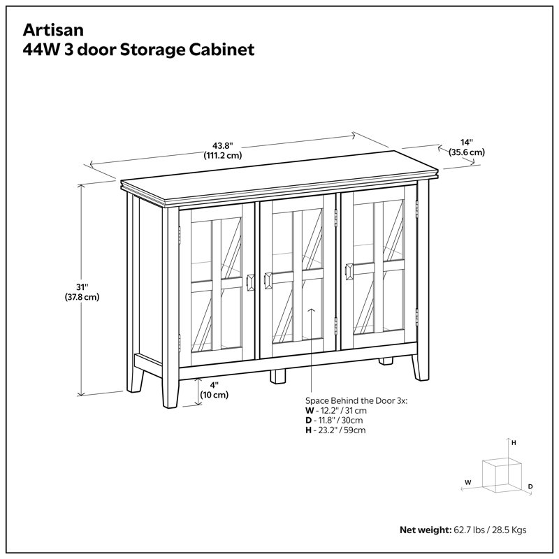 Armoire de rangement contemporaine à 3 portes en bois massif avec portes en verre Artisan