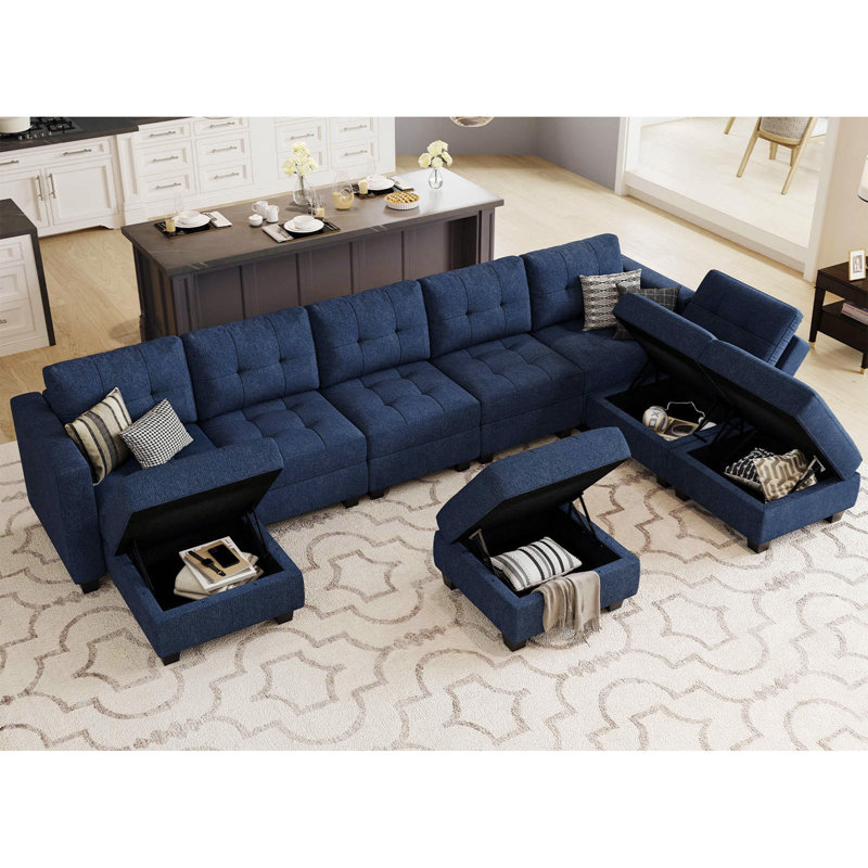 Ashbury Ivery 143'' U Shaped Couch Modern Modular Polyester Blend Sectional Sofa with Cushion, Blue Polyester Blend