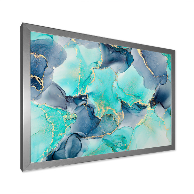 Turquoise de luxe abstrait, art fluide IV - peinture sur toile, H 12 po x l 20 po x P 1 po, Cadre photo argenté