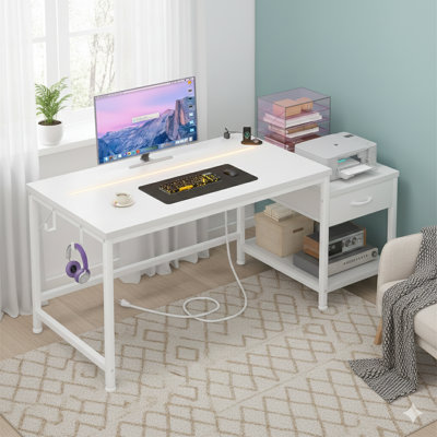 Petit bureau d'ordinateur de 48 po avec tablette pour imprimante et tablettes de rangement, bureau de jeu avec lumières DEL et prise de courant, bureau d'angle réversible avec crochet pour casque d'écoute pour bureau à domicile