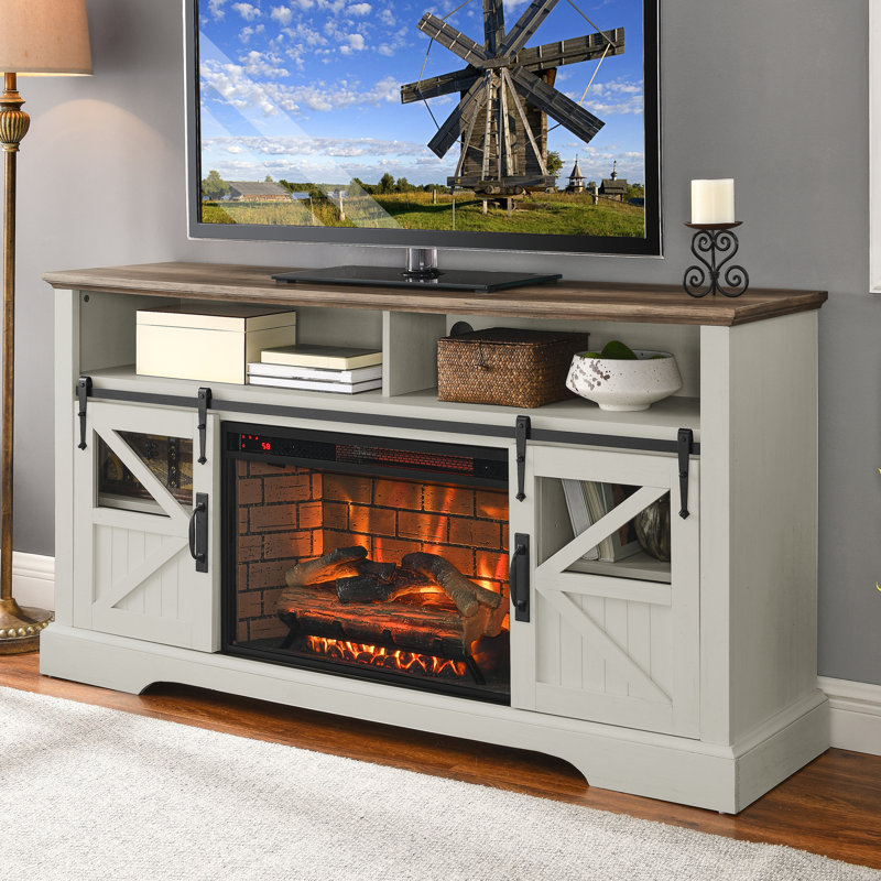 Breean Unfinished TV Stand for TVs up to 65" with Fireplace Included, Jasmine White