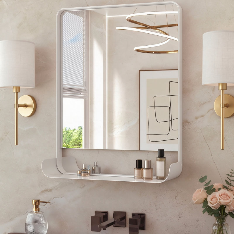 Minimalist Rounded-Corner Bathroom Mirror with Shelf — Wall-Mounted Vanity Mirror