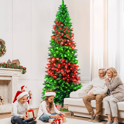 7.5FT Smart Pre-lit Green Pencil Christmas Tree with Programmable RGB Fairy Lights Multi-color Changing DIY App-controlled