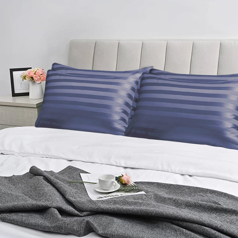 Pack of 2 Silky Soft Satin Striped Microfiber Pillow Covers - Luxury Look, Easy Care, Standard Size, Washed Blue