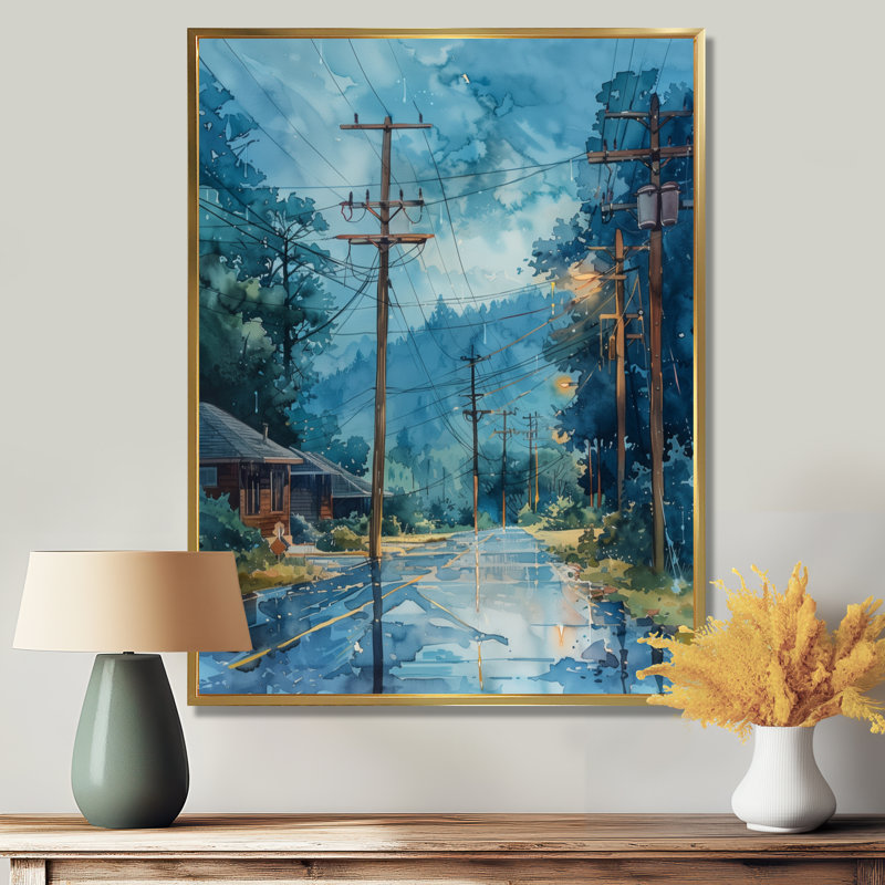 Blue Yellow Energy Evolution Power Lines II - Power Lines Wall Decor, Gold Floater Framed, 20" H x 12" W x 1" D
