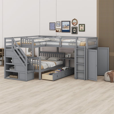 L-Shaped Bunk Bed With 3 Drawers,Portable Desk And Wardrobe by Harriet Bee