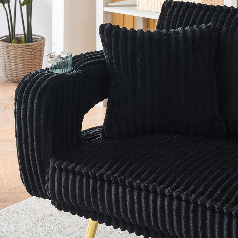 74" Mid-Century Modern Channel Tufted Sofa With Built-In Cup Holders,Black, Black