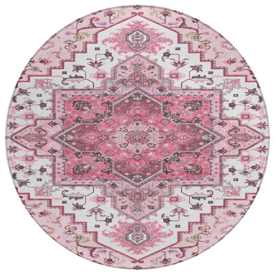 HomeRoots 8' Pink Round Oriental Washable Indoor Outdoor Area Rug