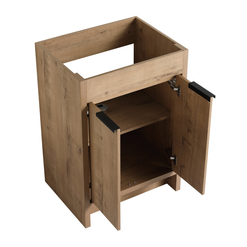 Meuble-lavabo autoportant de 24 po avec 2 portes à fermeture en douceur, emballage KD, sans lavabo, tablettes de rangement réglables, base en contreplaqué, armoire à eau en chêne imitatif, sans support de fixation
