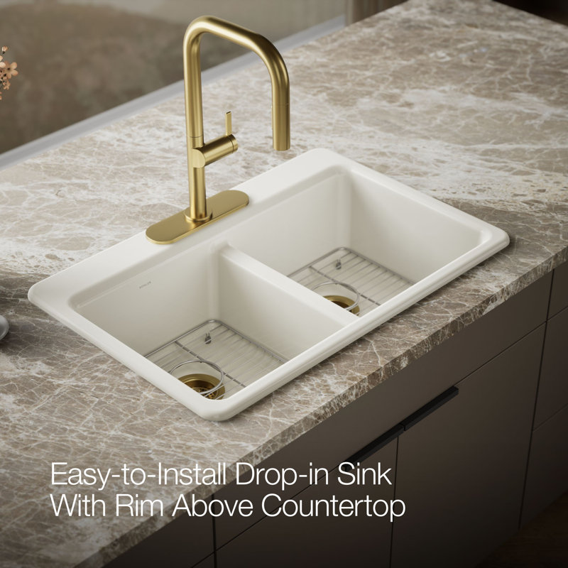 Riverby 33 In. Top-Mount Double-Bowl Kitchen Sink, 3 hole, Biscuit, Double-equal bowls