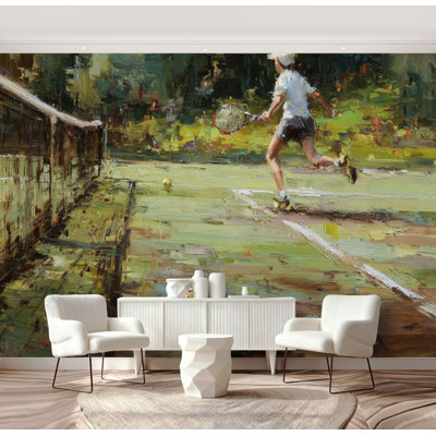 Peel and Stick papier peint Impressionnisme Tennis match rustique audacieux peintures murales peinture à l'huile H 69 po x l 96 po amovible papier mural en PVC auto-adhésif pour chambre à coucher salon bureau à domicile