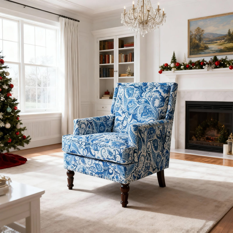 Fauteuil d'appoint rembourré classique avec garniture cloutée, Rayures bleues et blanches