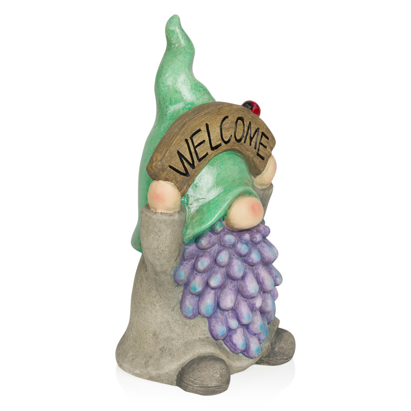 Gnome H 15 "avec chapeau vert tenant une pancarte de bienvenue pour le jardin, le patio et le sentier