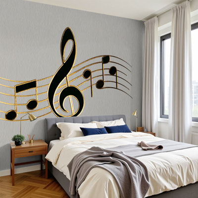Peel and Stick Wallpaper Gold music notes solid black Wall Murals 100"H x 144"W Removable PVC Wall Paper Self-Adhesive Wall Paintings Art Decor for Bedroom Living Room