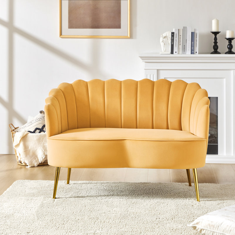Donata 128cm W Modern Velvet 2 Seat Sofa with Tufted Flower-Shaped Back, Mustard