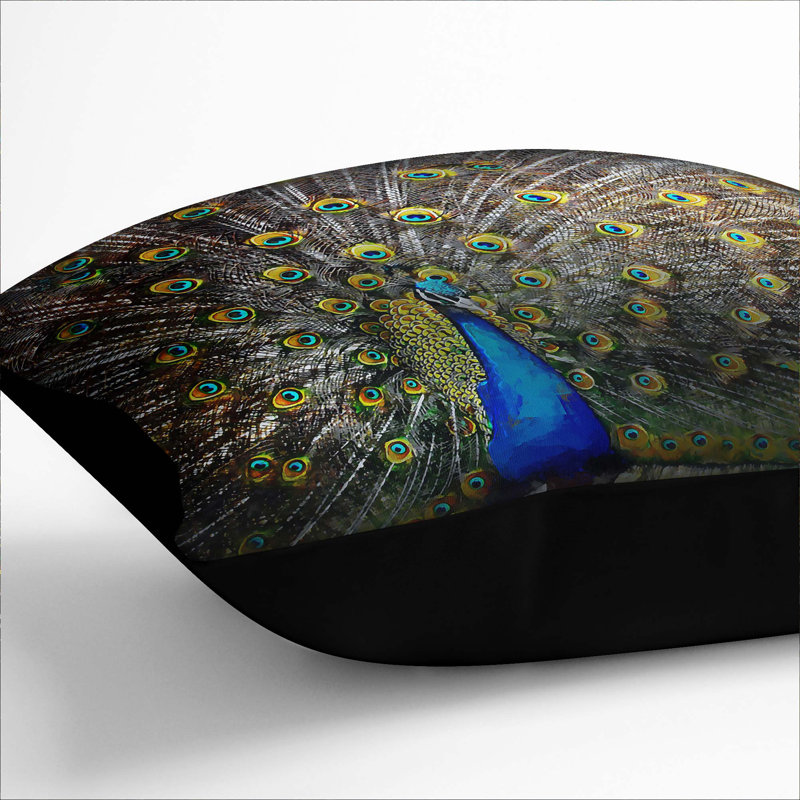 Peacock with Outstretched Feathers Cushion with Filling, Black, 40cm H x 40cm W x 15cm D