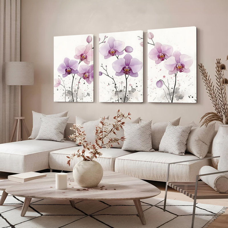 «Mauve Orchidée florale», reproduction d'art sur toile tendue sur toile (ensemble de 3), H 30 po x l 60 po