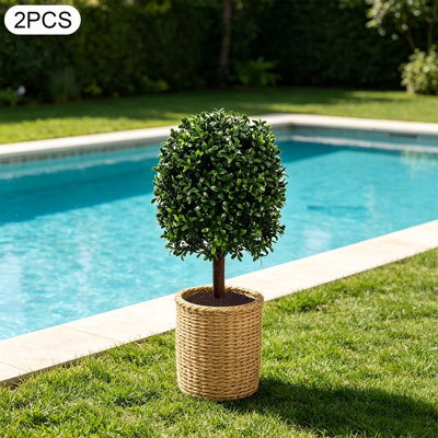 2PCS Faux Boxwood Bush Plants Artificial Boxwood Topiary Ball Trees Fake Tree with Ground Stakes for Indoor Outdoor Garden Porch Decor