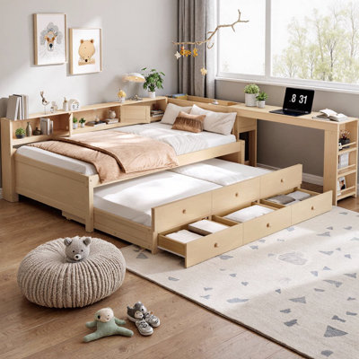 Lit de jour simple avec lit gigogne, base de lit en bois en L avec bureau intégré, tiroirs de rangement, tablettes et huche, lit de jour multifonctionnel peu encombrant pour la chambre, sans sommier