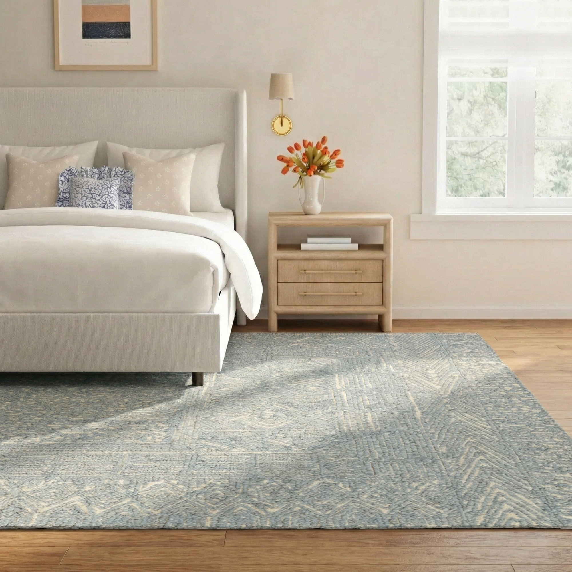 Christie Handmade Blue/Cream Rug, Rectangle 10' x 14'