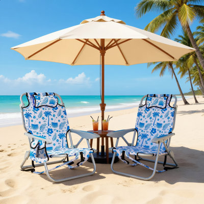 Two Backpack Beach Chairs For Adults Fold Flat And Portable With Cup Holder Zipper Pocket Towel Blue Coconut Tree Pattern