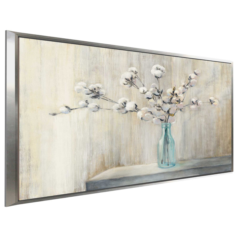 «Cotton Bouquet», reproduction de peinture acrylique, H 27,5 po x l 43,5 po x P 2 po, Cadre flottant argent
