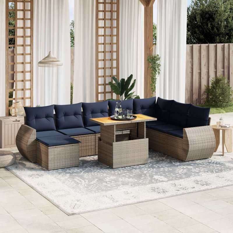  Ensemble de canapé de patio 9 pièces avec coussins en rotin de polyester, Gris, Bleu