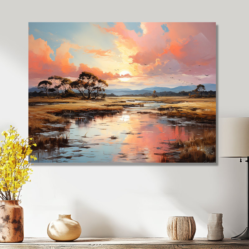 Art mural rose, coucher de soleil sur les marais, Sans cadre, métal, H 34 po x l 44 po