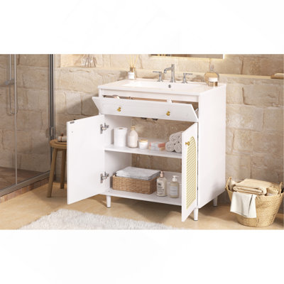 30" Bathroom Vanity with Ceramic Sink, Solid Wood Frame Bathroom Sink Cabinet with Adjustable Shelf, Tip-Drawer, Rattan Front Panels