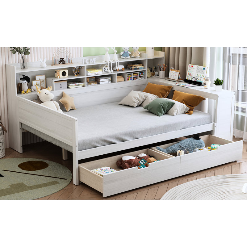 Full Size Wooden Daybed With Versatile Shelf Options And Studying Desk, Antique White Efficient Storage System Desk