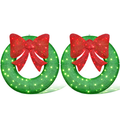 Guirlande de Noël 35 po avec lumières scintillantes (ensemble de 2), guirlande lumineuse de Noël en métal à DEL colorée avec 90 lumières, décoration de guirlande de Noël extérieure artificielle avec arc, vert / or