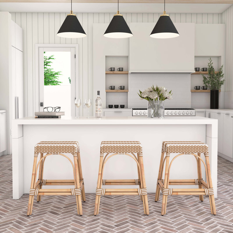 Tabouret de comptoir / de bar Lennart, Cadre brun clair / rayure blanche / rotin naturel