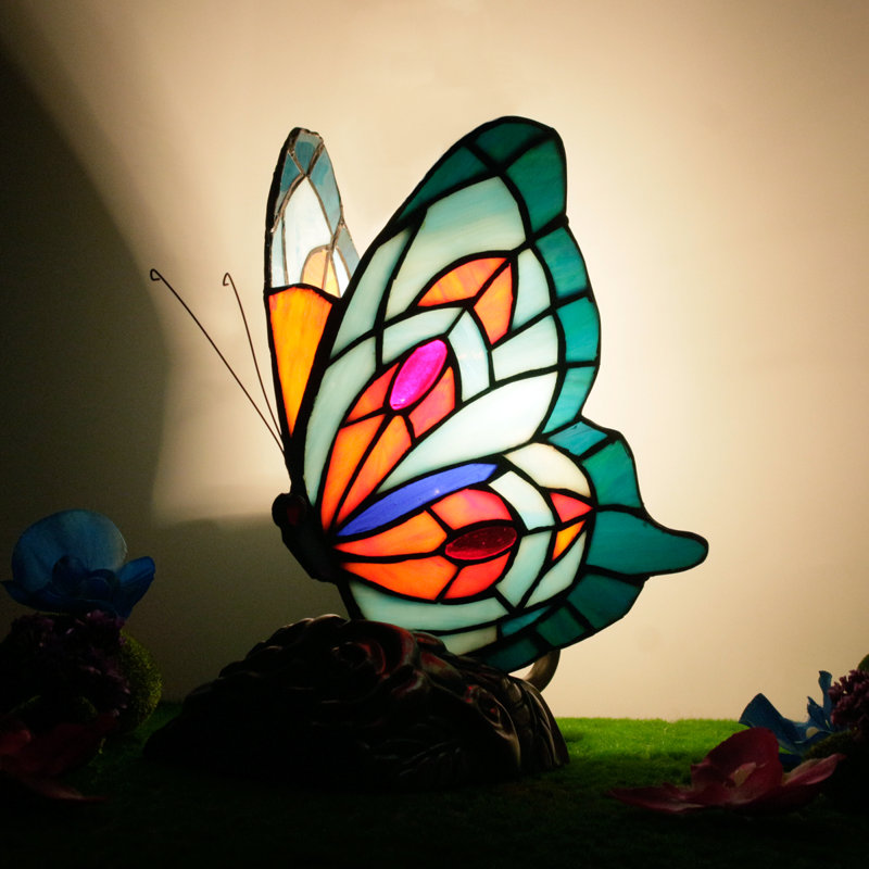Lampe de table Butterfly Tiffany de 9,8 pouces de hauteur en verre coloré pour petits animaux