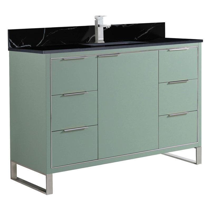 Meuble-lavabo sur pied simple avec plateau en pierre 48 po Gerzon, Vert menthe, Chrome