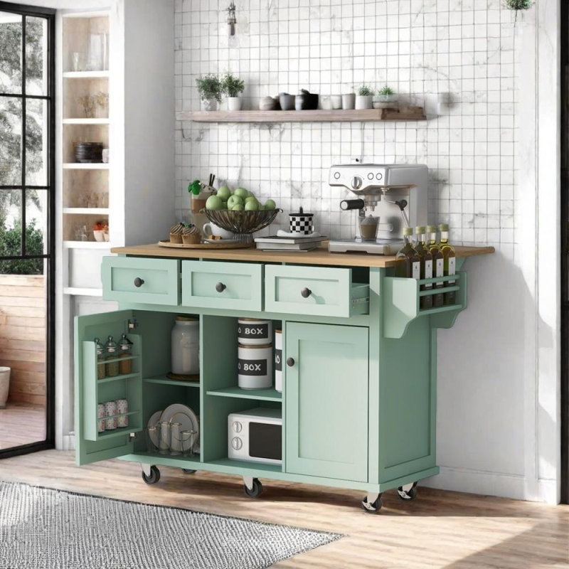 Kitchen Cart with Drop-Leaf Countertop and Internal Storage Racks, Green